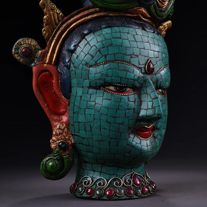 11"Tibetan Temple Collection Old Bronze Painted Outline in gold Gem Turquoise Green Tara Buddha Head Worship Hall Town house