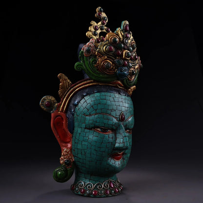 11"Tibetan Temple Collection Old Bronze Painted Outline in gold Gem Turquoise Green Tara Buddha Head Worship Hall Town house
