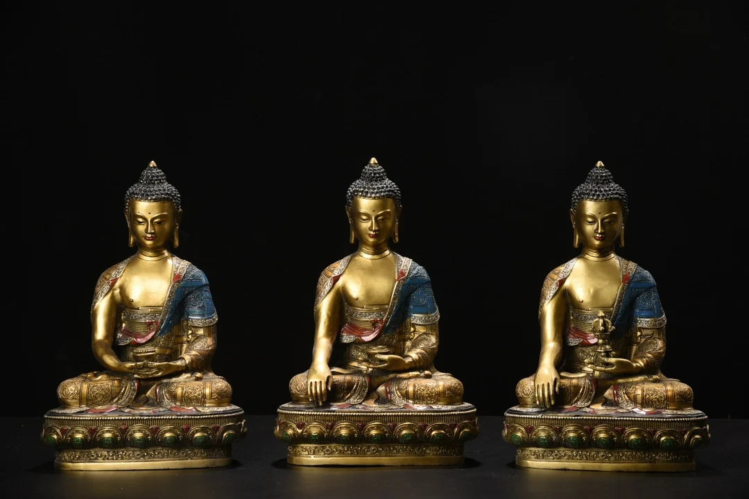 11"Tibetan Temple Collection Old Bronze Painted Phra SompoTrikalea Buddhas Shakyamuni A set Sitting Buddha Worship Hall