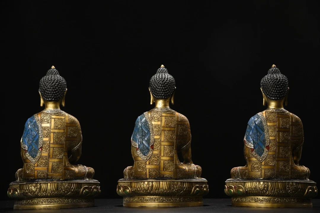 11"Tibetan Temple Collection Old Bronze Painted Phra SompoTrikalea Buddhas Shakyamuni A set Sitting Buddha Worship Hall