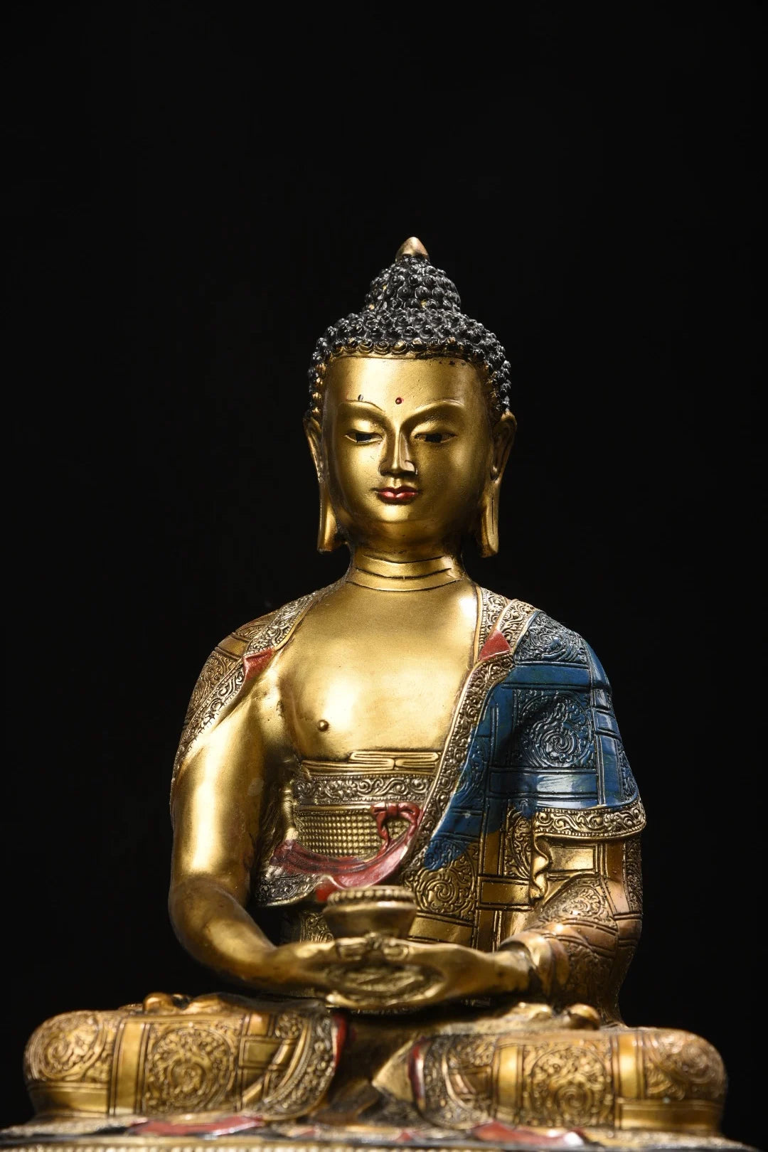 11"Tibetan Temple Collection Old Bronze Painted Phra SompoTrikalea Buddhas Shakyamuni A set Sitting Buddha Worship Hall