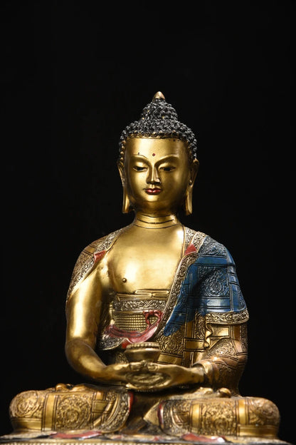 11"Tibetan Temple Collection Old Bronze Painted Phra SompoTrikalea Buddhas Shakyamuni A set Sitting Buddha Worship Hall