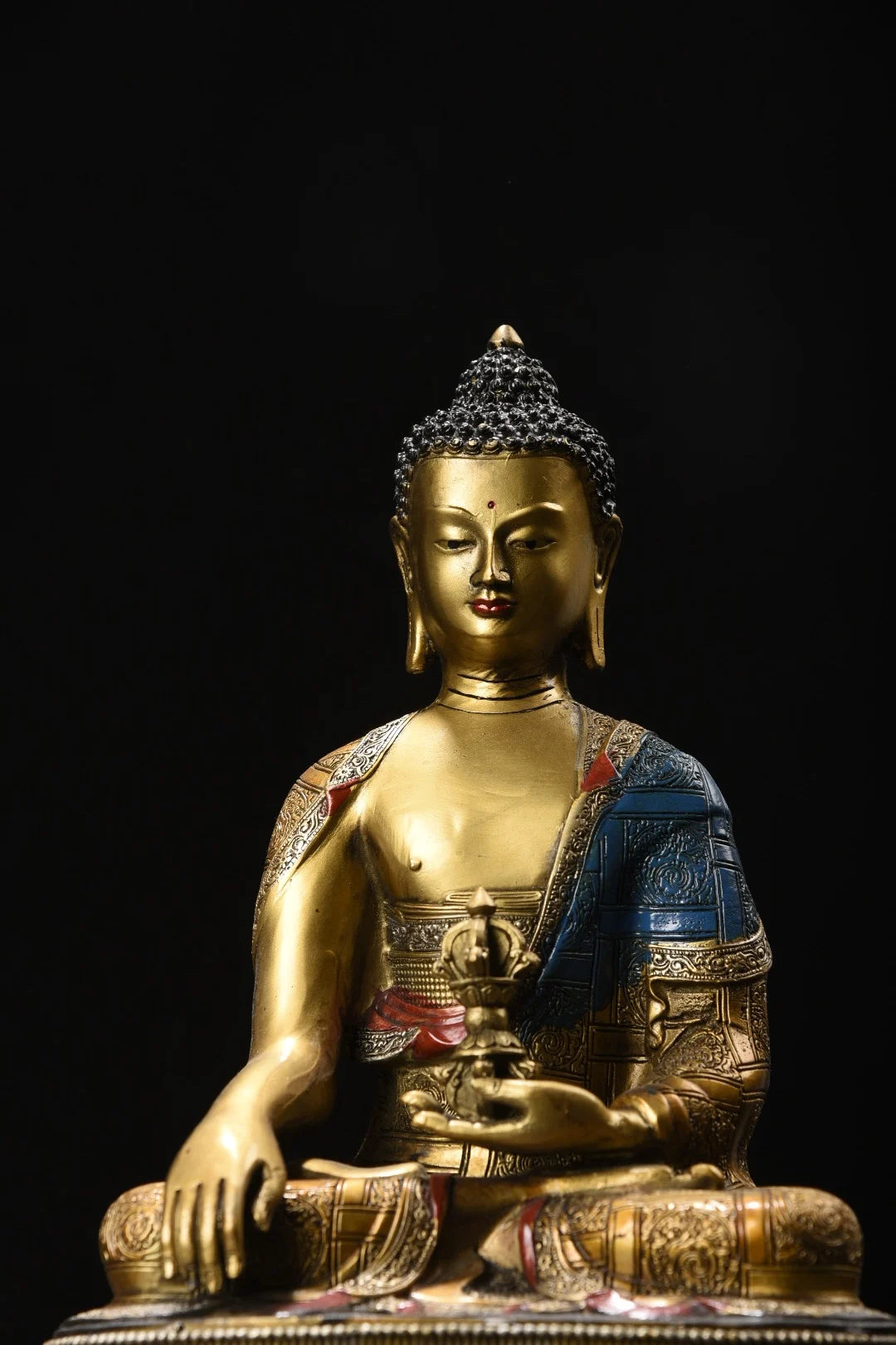11"Tibetan Temple Collection Old Bronze Painted Phra SompoTrikalea Buddhas Shakyamuni A set Sitting Buddha Worship Hall
