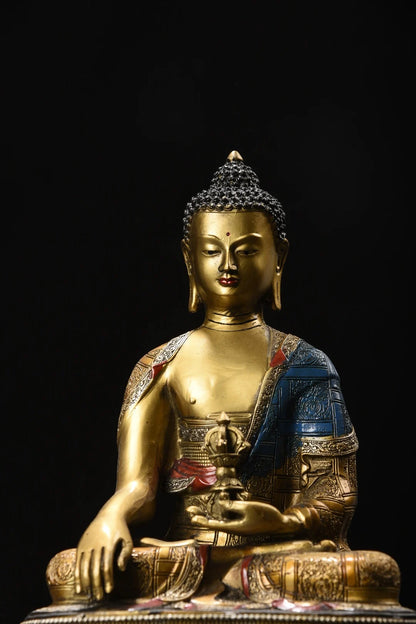 11"Tibetan Temple Collection Old Bronze Painted Phra SompoTrikalea Buddhas Shakyamuni A set Sitting Buddha Worship Hall