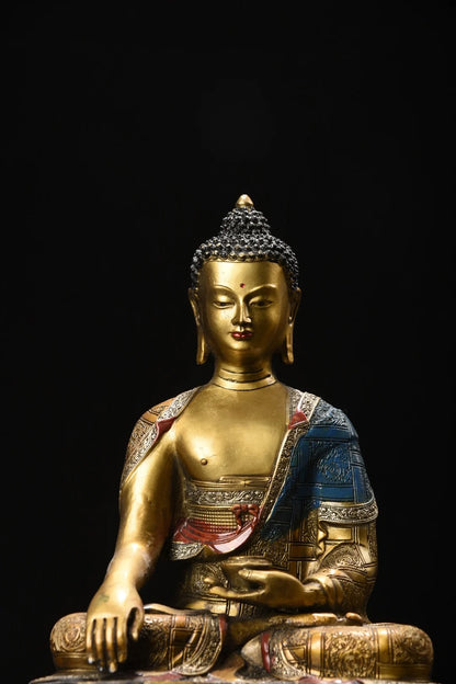 11"Tibetan Temple Collection Old Bronze Painted Phra SompoTrikalea Buddhas Shakyamuni A set Sitting Buddha Worship Hall