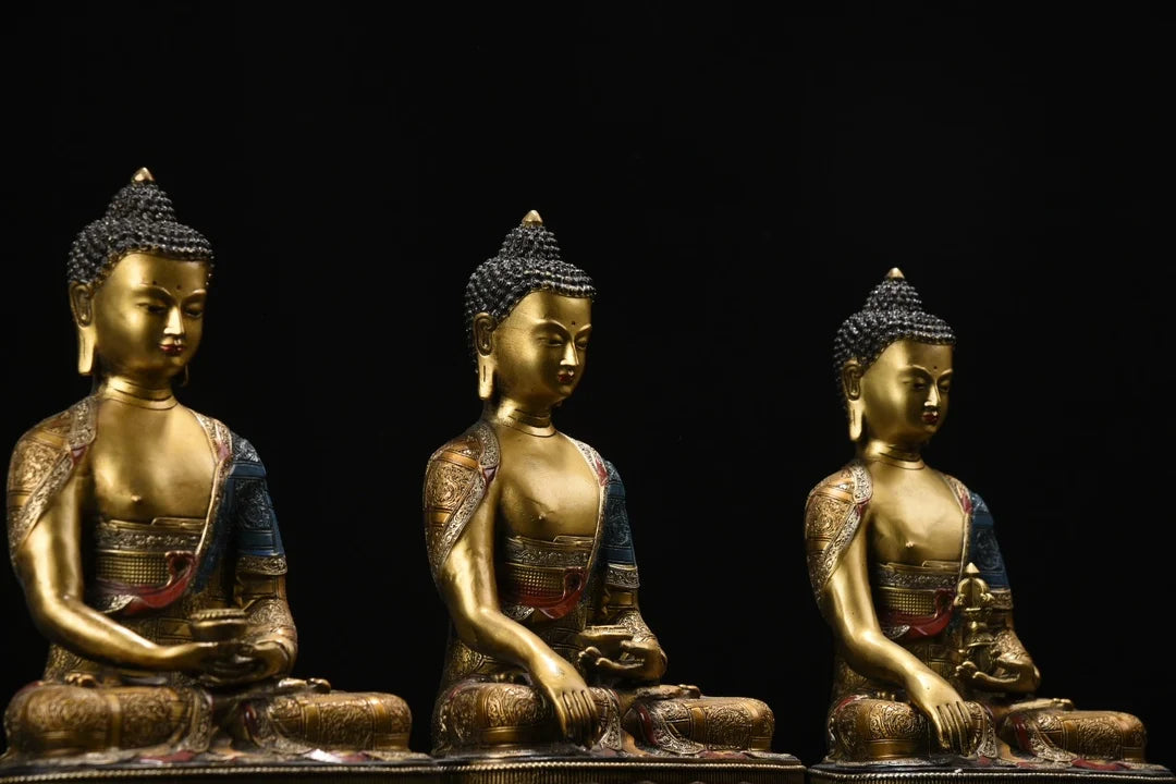 11"Tibetan Temple Collection Old Bronze Painted Phra SompoTrikalea Buddhas Shakyamuni A set Sitting Buddha Worship Hall