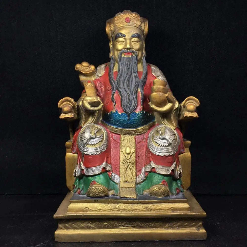 11"Tibetan Temple Collection Old Bronze Painting Sit on the dragon chair Ruyi God of Wealth Buddha Implication Lucky fortune
