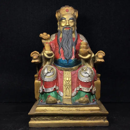 11"Tibetan Temple Collection Old Bronze Painting Sit on the dragon chair Ruyi God of Wealth Buddha Implication Lucky fortune