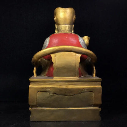 11"Tibetan Temple Collection Old Bronze Painting Sit on the dragon chair Ruyi God of Wealth Buddha Implication Lucky fortune