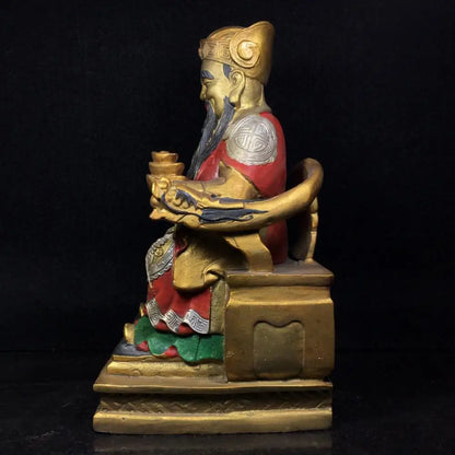 11"Tibetan Temple Collection Old Bronze Painting Sit on the dragon chair Ruyi God of Wealth Buddha Implication Lucky fortune