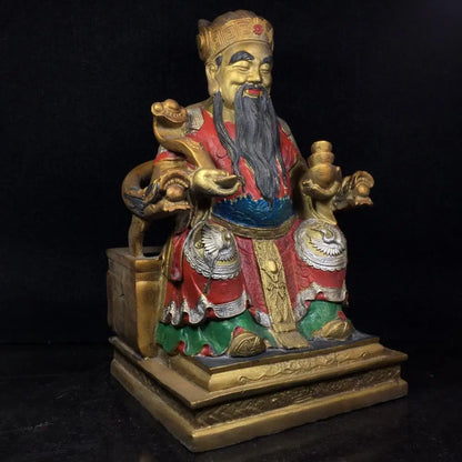 11"Tibetan Temple Collection Old Bronze Painting Sit on the dragon chair Ruyi God of Wealth Buddha Implication Lucky fortune