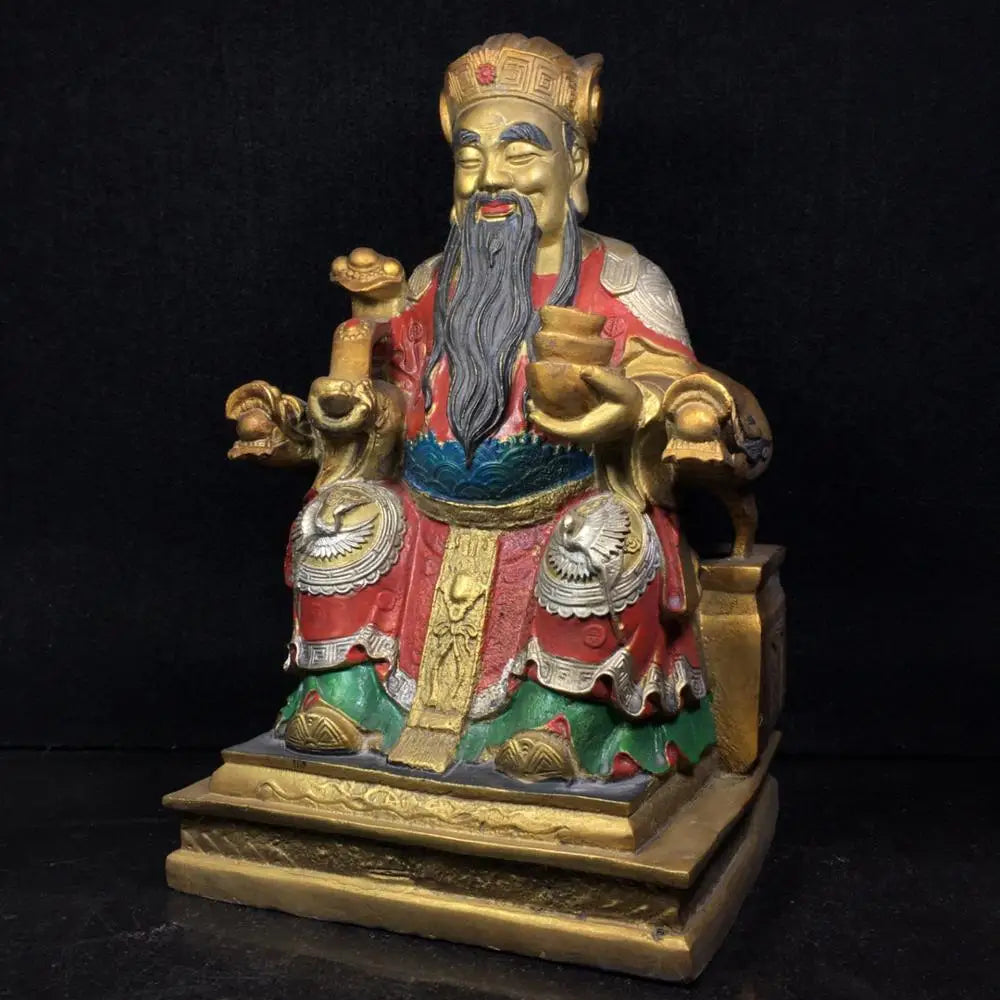 11"Tibetan Temple Collection Old Bronze Painting Sit on the dragon chair Ruyi God of Wealth Buddha Implication Lucky fortune