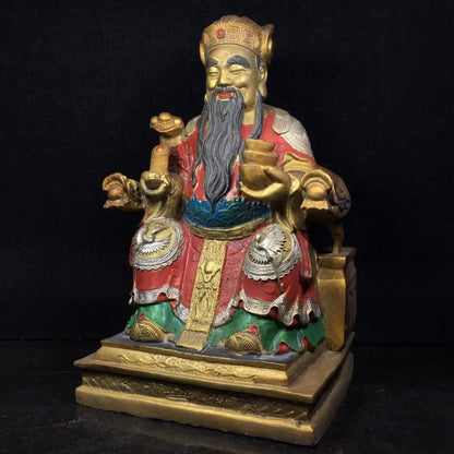 11"Tibetan Temple Collection Old Bronze Painting Sit on the dragon chair Ruyi God of Wealth Buddha Implication Lucky fortune
