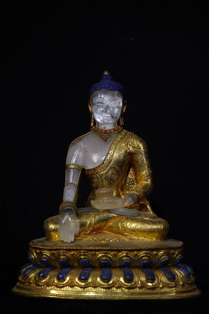 11"Tibetan Temple Collection Old Natural Crystal Mosaic Gem Sakyamuni Buddha Lotus Platform Worship hall Town House Exorcism