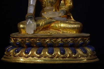 11"Tibetan Temple Collection Old Natural Crystal Mosaic Gem Sakyamuni Buddha Lotus Platform Worship hall Town House Exorcism