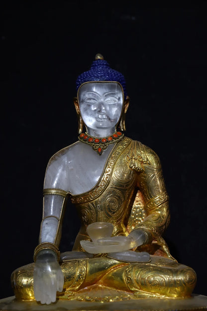 11"Tibetan Temple Collection Old Natural Crystal Mosaic Gem Sakyamuni Buddha Lotus Platform Worship hall Town House Exorcism
