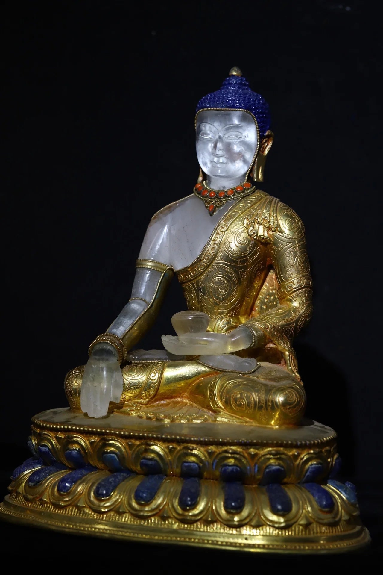 11"Tibetan Temple Collection Old Natural Crystal Mosaic Gem Sakyamuni Buddha Lotus Platform Worship hall Town House Exorcism
