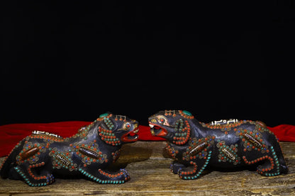 11"Tibetan Temple Collection Old Natural Meteorite Mosaic Gem gZi Beads Tiger statue a pair Lucky Tiger Gather fortune ornament