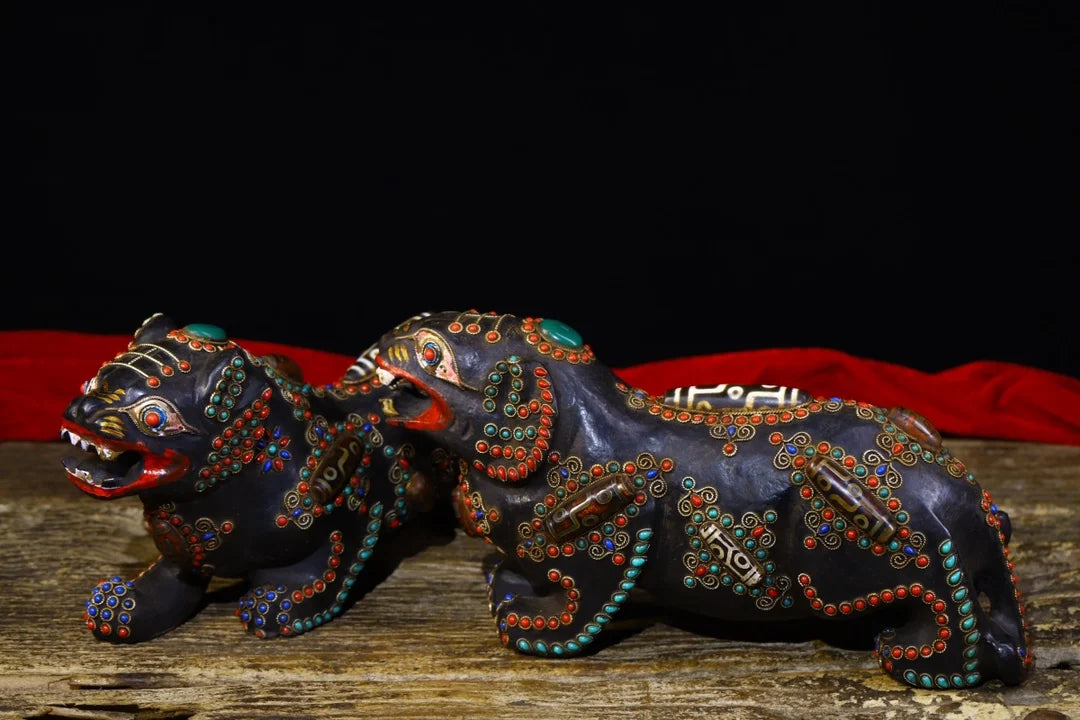 11"Tibetan Temple Collection Old Natural Meteorite Mosaic Gem gZi Beads Tiger statue a pair Lucky Tiger Gather fortune ornament
