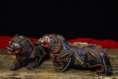 11"Tibetan Temple Collection Old Natural Meteorite Mosaic Gem gZi Beads Tiger statue a pair Lucky Tiger Gather fortune ornament