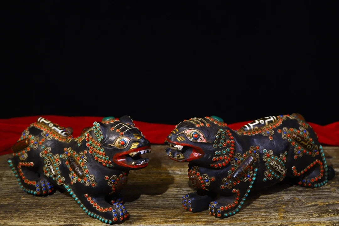 11"Tibetan Temple Collection Old Natural Meteorite Mosaic Gem gZi Beads Tiger statue a pair Lucky Tiger Gather fortune ornament