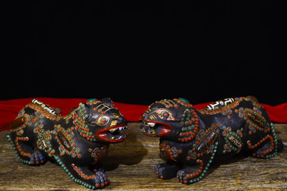 11"Tibetan Temple Collection Old Natural Meteorite Mosaic Gem gZi Beads Tiger statue a pair Lucky Tiger Gather fortune ornament