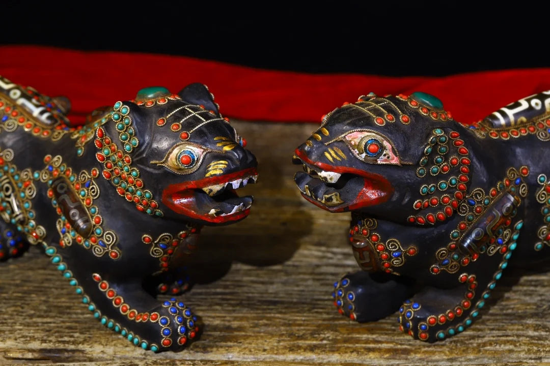 11"Tibetan Temple Collection Old Natural Meteorite Mosaic Gem gZi Beads Tiger statue a pair Lucky Tiger Gather fortune ornament