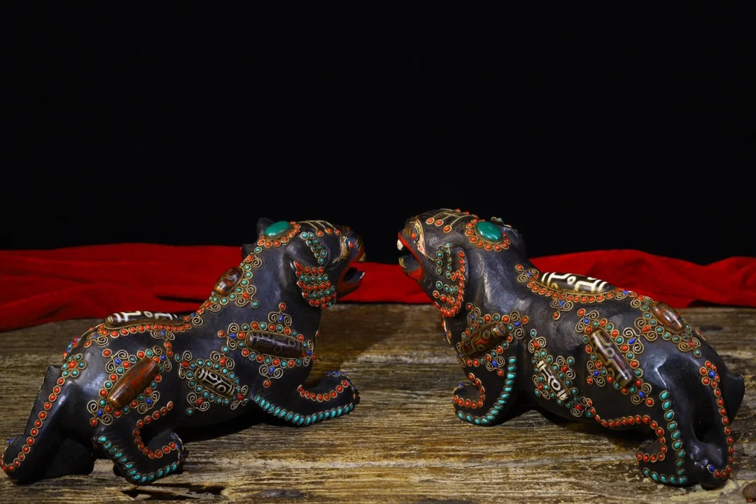 11"Tibetan Temple Collection Old Natural Meteorite Mosaic Gem gZi Beads Tiger statue a pair Lucky Tiger Gather fortune ornament