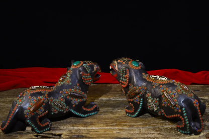 11"Tibetan Temple Collection Old Natural Meteorite Mosaic Gem gZi Beads Tiger statue a pair Lucky Tiger Gather fortune ornament