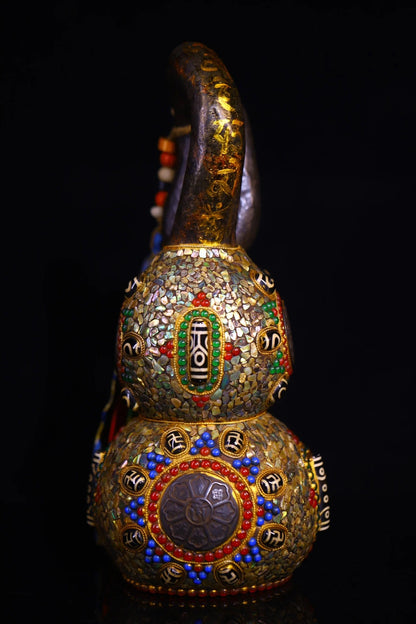 11"Tibetan Temple Collection Old Natural Meteorites Mosaic Gem gZi Beads Shell Six Word Proverbs Calabash Town house Gourd