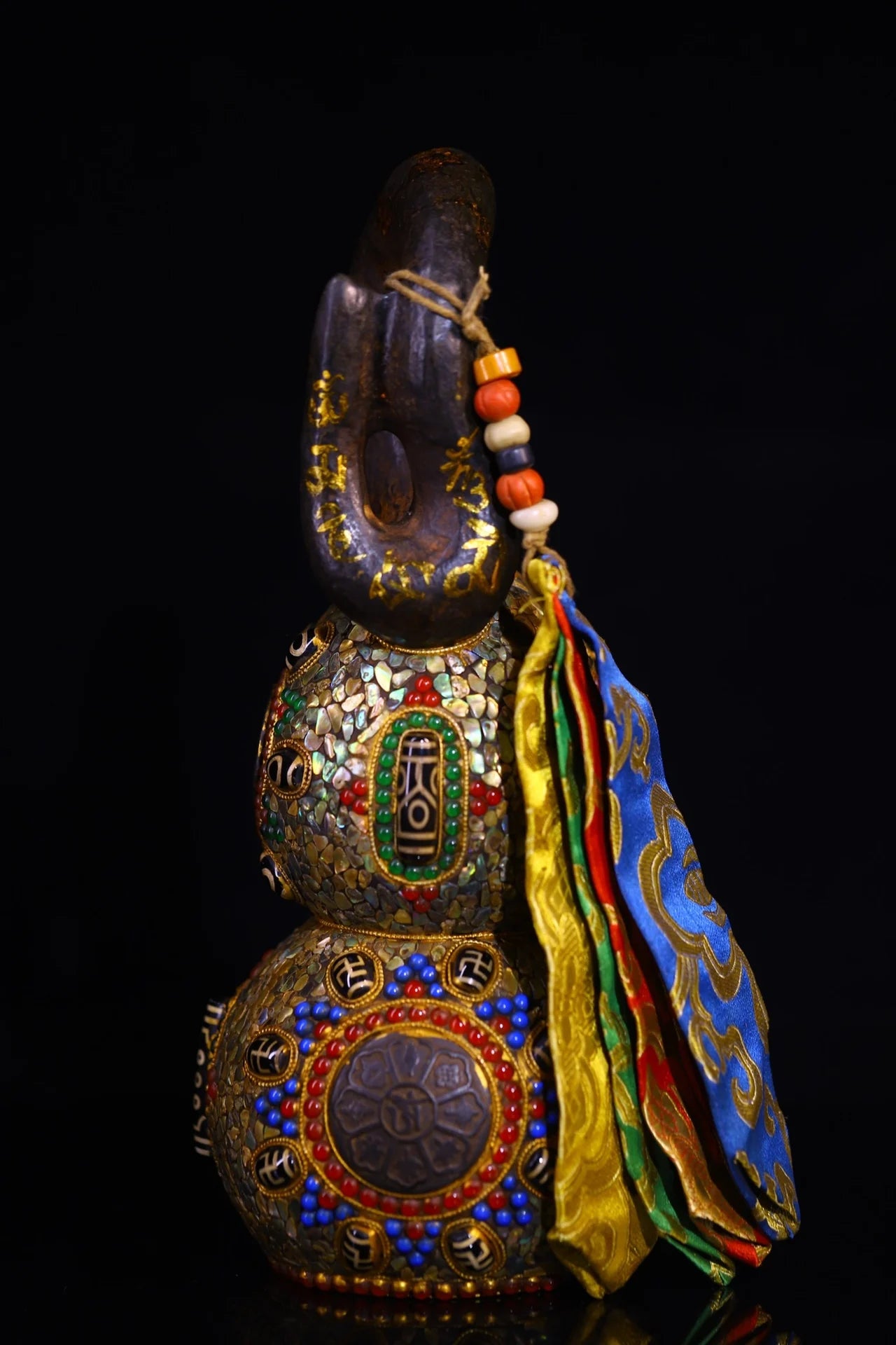 11"Tibetan Temple Collection Old Natural Meteorites Mosaic Gem gZi Beads Shell Six Word Proverbs Calabash Town house Gourd
