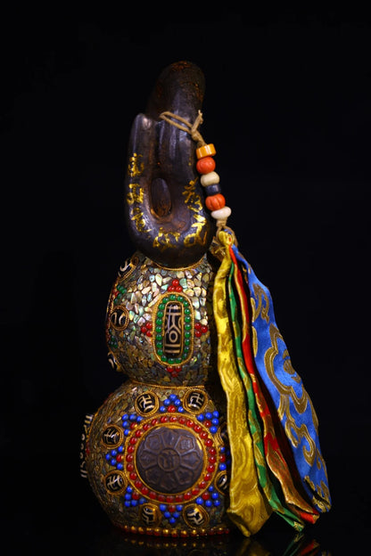 11"Tibetan Temple Collection Old Natural Meteorites Mosaic Gem gZi Beads Shell Six Word Proverbs Calabash Town house Gourd