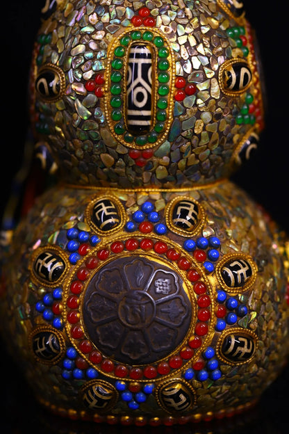 11"Tibetan Temple Collection Old Natural Meteorites Mosaic Gem gZi Beads Shell Six Word Proverbs Calabash Town house Gourd