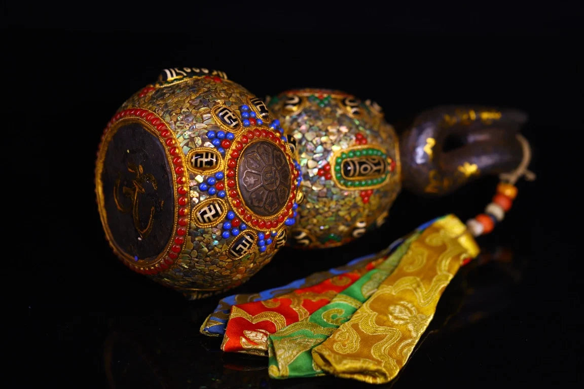 11"Tibetan Temple Collection Old Natural Meteorites Mosaic Gem gZi Beads Shell Six Word Proverbs Calabash Town house Gourd