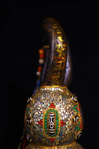11"Tibetan Temple Collection Old Natural Meteorites Mosaic Gem gZi Beads Shell Six Word Proverbs Calabash Town house Gourd