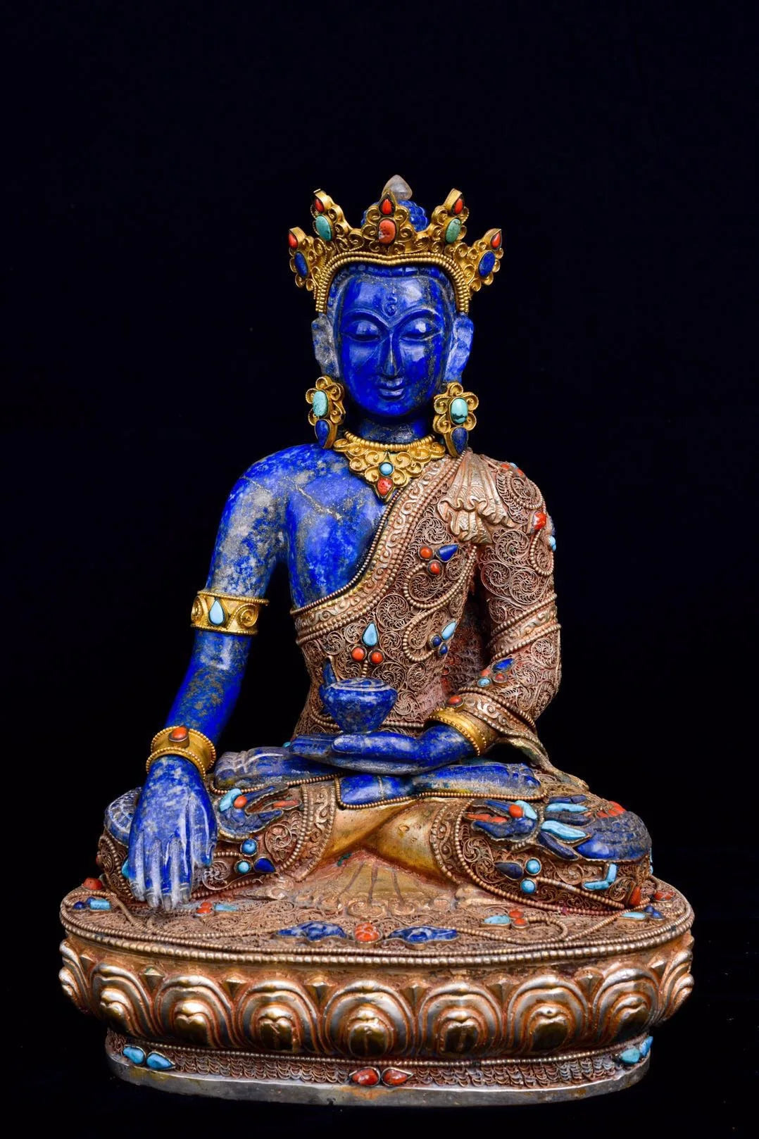 11"Tibetan Temple Collection Old Natural lapis lazuli Filigree Tibetan silver mosaic Gem Shakyamuni Buddha Worship Hall
