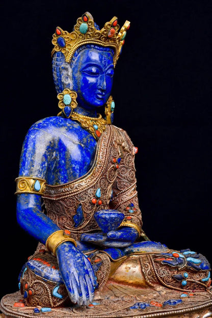 11"Tibetan Temple Collection Old Natural lapis lazuli Filigree Tibetan silver mosaic Gem Shakyamuni Buddha Worship Hall