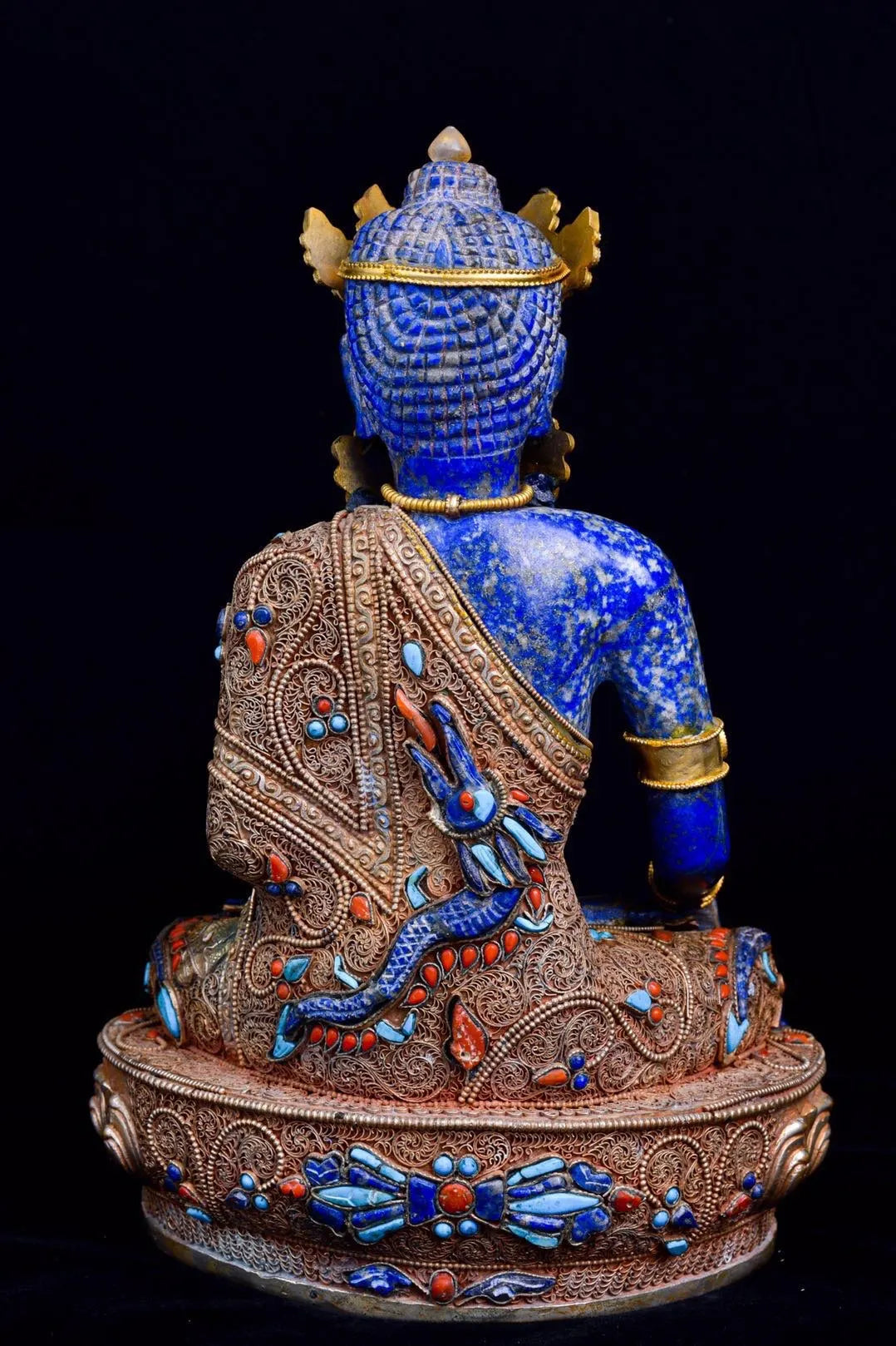 11"Tibetan Temple Collection Old Natural lapis lazuli Filigree Tibetan silver mosaic Gem Shakyamuni Buddha Worship Hall