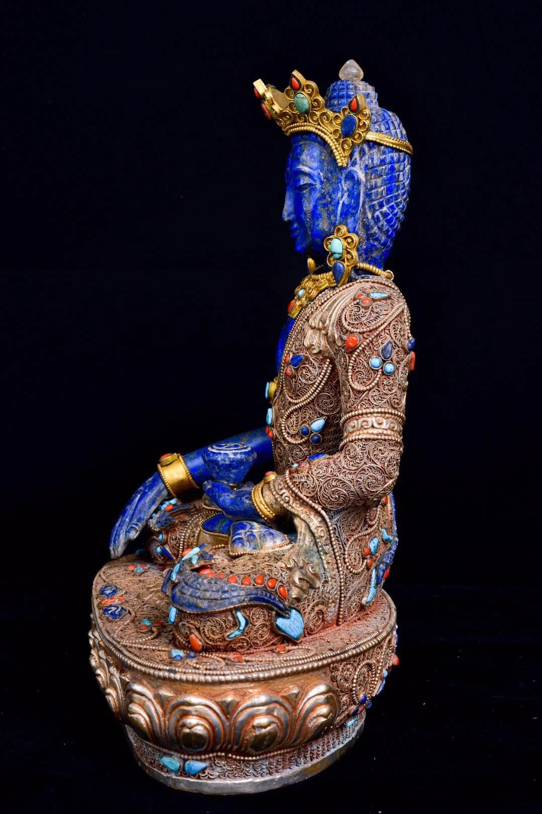 11"Tibetan Temple Collection Old Natural lapis lazuli Filigree Tibetan silver mosaic Gem Shakyamuni Buddha Worship Hall
