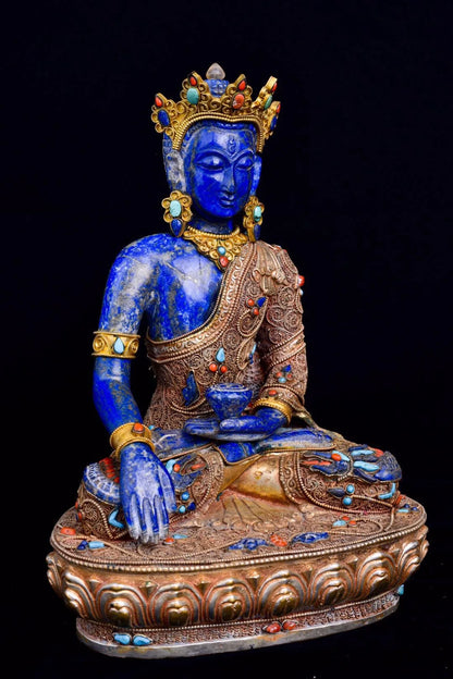 11"Tibetan Temple Collection Old Natural lapis lazuli Filigree Tibetan silver mosaic Gem Shakyamuni Buddha Worship Hall
