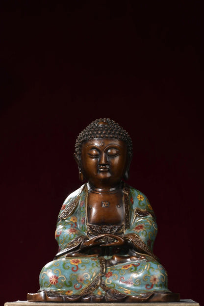 11"Tibetan Temple Collection Old Purple Bronze Cloisonne Enamel Shakyamuni Amitabha Sitting Buddha Worship Hall Town house