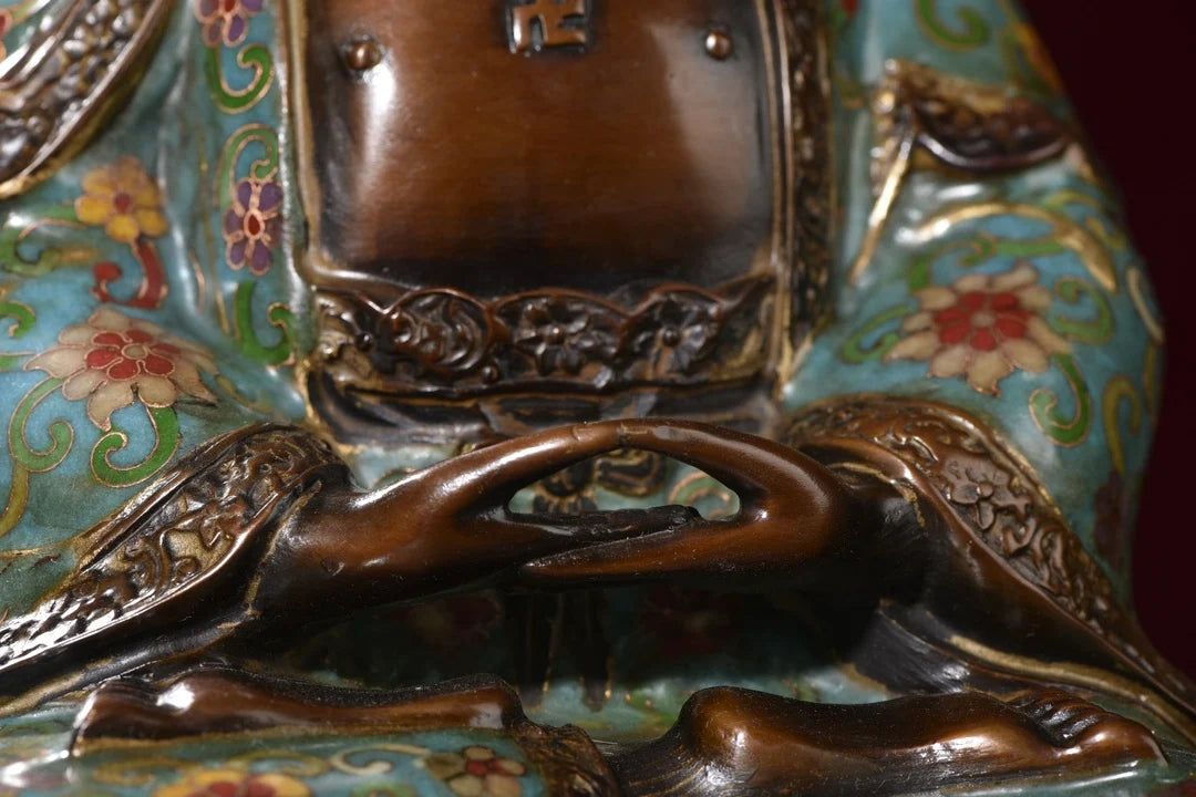 11"Tibetan Temple Collection Old Purple Bronze Cloisonne Enamel Shakyamuni Amitabha Sitting Buddha Worship Hall Town house