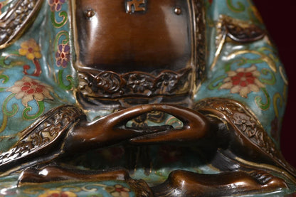 11"Tibetan Temple Collection Old Purple Bronze Cloisonne Enamel Shakyamuni Amitabha Sitting Buddha Worship Hall Town house