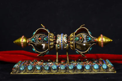 11"Tibetan Temple Collection Old Tibetan silver Gem gZi Beads Five shares Dorje Vajra Phurpa base Amulet Dharma Town House