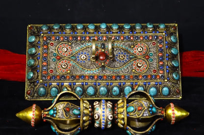 11"Tibetan Temple Collection Old Tibetan silver Gem gZi Beads Five shares Dorje Vajra Phurpa base Amulet Dharma Town House