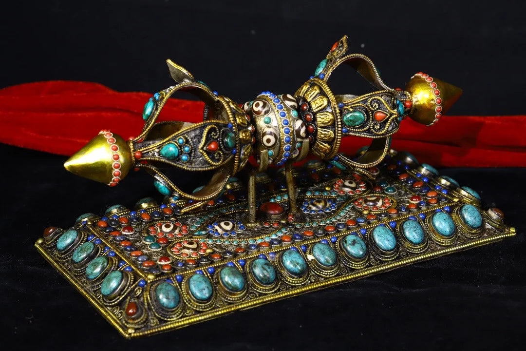 11"Tibetan Temple Collection Old Tibetan silver Gem gZi Beads Five shares Dorje Vajra Phurpa base Amulet Dharma Town House