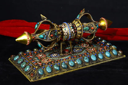 11"Tibetan Temple Collection Old Tibetan silver Gem gZi Beads Five shares Dorje Vajra Phurpa base Amulet Dharma Town House
