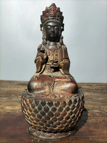 11" Tibetan Temple Collection old Bronze Cinnabar mud gold Northern Wei Buddha Guanyin Bodhisattva lotus platform worship buddha