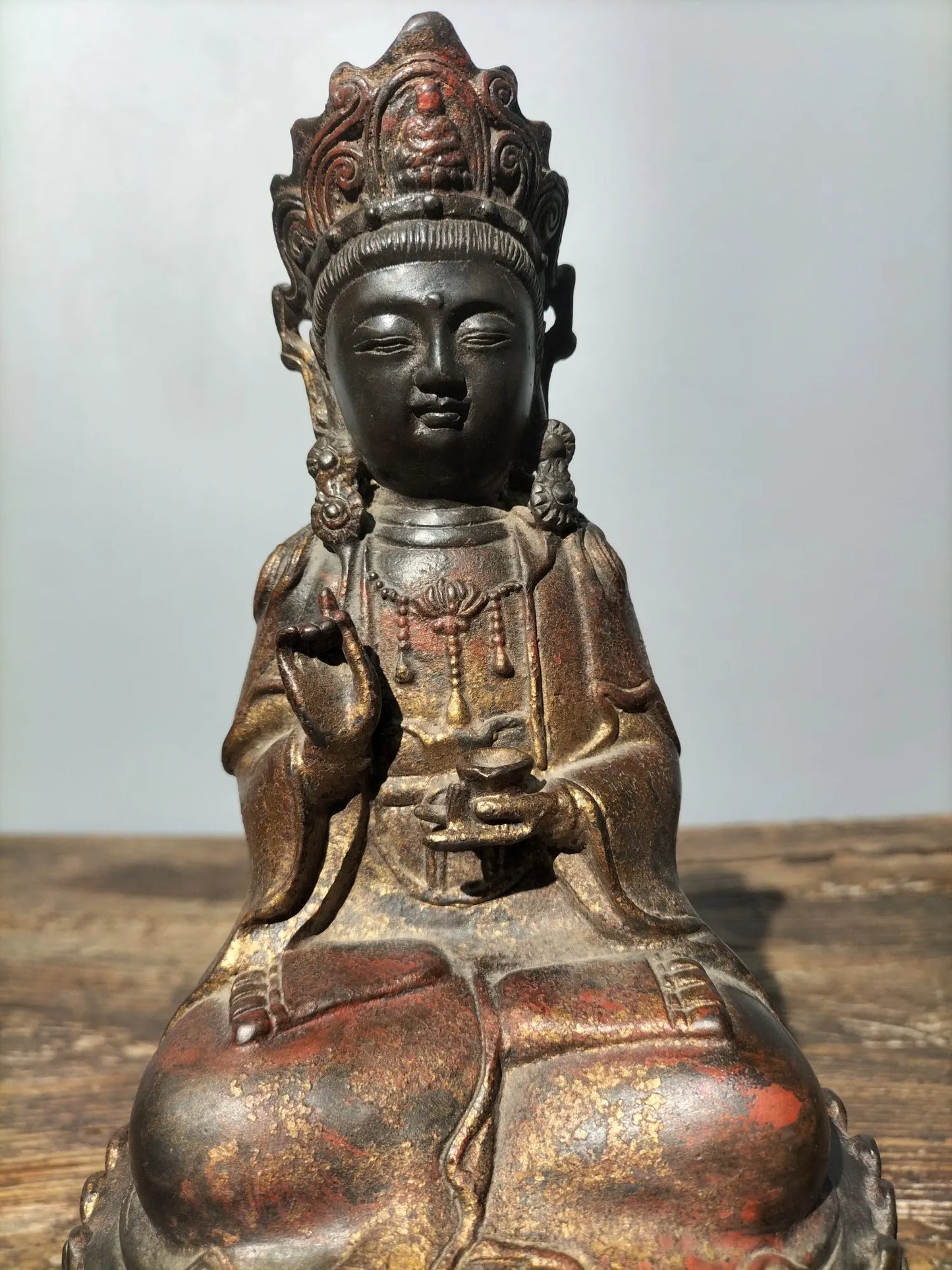 11" Tibetan Temple Collection old Bronze Cinnabar mud gold Northern Wei Buddha Guanyin Bodhisattva lotus platform worship buddha