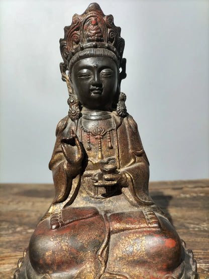 11" Tibetan Temple Collection old Bronze Cinnabar mud gold Northern Wei Buddha Guanyin Bodhisattva lotus platform worship buddha